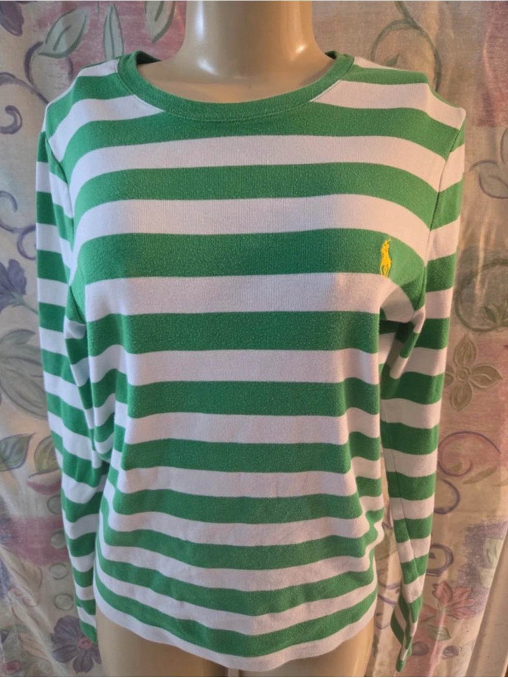 Ralph Lauren Green and White Striped Crew Neck Sweater with Yellow Logo
